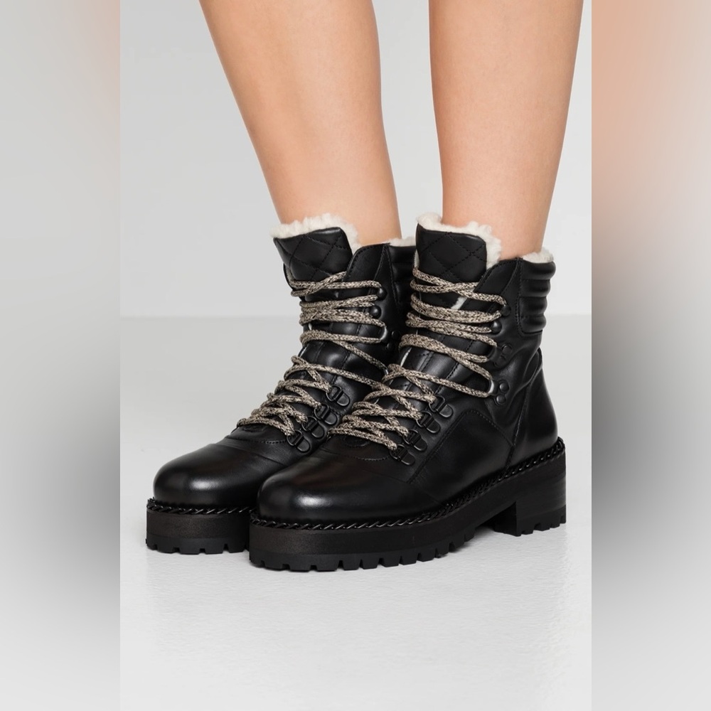 The Kooples Black Leather Combat Boots with White Lining